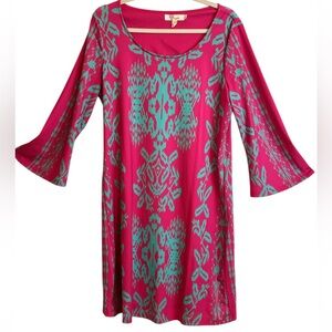 AUXUEH Women's Pink Turquoise Shift Dress 3/4 Bell Sleeves Soft Flowy Size Large